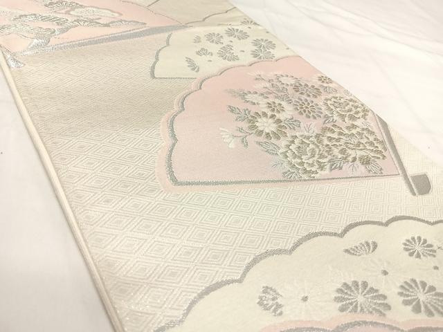 平和屋着物◎六通柄袋帯 唐織 扇面花文 銀糸 正絹 逸品 AABI1193yx