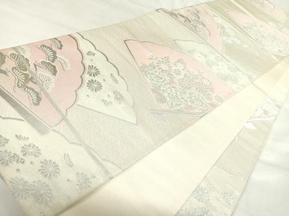 平和屋着物◎六通柄袋帯 唐織 扇面花文 銀糸 正絹 逸品 AABI1193yx