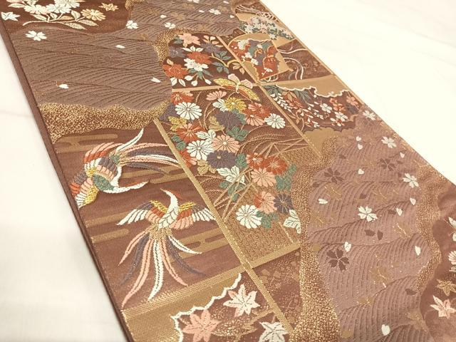 平和屋着物◎六通柄袋帯　唐織　流水花梅鳥華文様　金銀糸　正絹　逸品　AABI0970yx 平和屋着物○六通柄袋帯 唐織 地紙花鳥文 金銀糸 正絹 逸品 DABB7588op