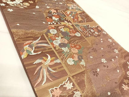 平和屋着物◎六通柄袋帯 唐織 流水花鳥文 金糸 正絹 逸品 AABI1199yx