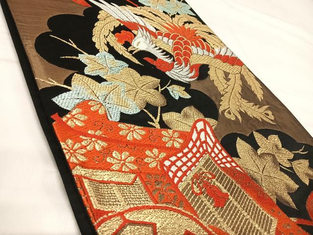 平和屋着物◎六通柄袋帯　唐織　御所車鳳凰文　黒地　金銀糸　正絹　逸品　AABI1200yx