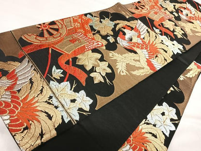 平和屋着物◎六通柄袋帯　唐織　御所車鳳凰文　黒地　金銀糸　正絹　逸品　AABI1200yx