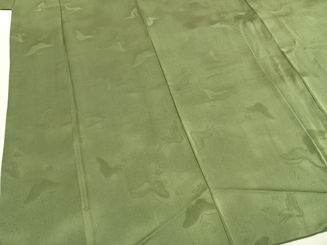 平和屋着物●上質な色無地　泥草木染　花蝶地紋　松葉色　反端付き　正絹　逸品　AABI1206fy