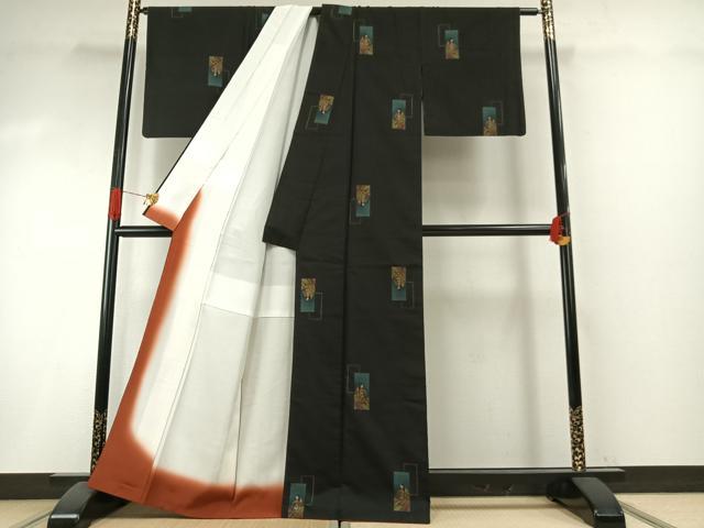 平和屋着物●本場大島紬　カタス9マルキ　地空き　人物色紙重ね文　黒地　正絹　逸品　AABI1220fy