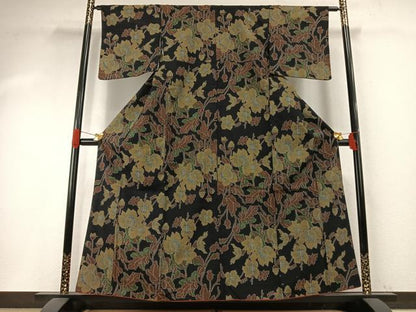 平和屋着物●小千谷紬　枝花文　黒地　正絹　逸品　AABI1221fy