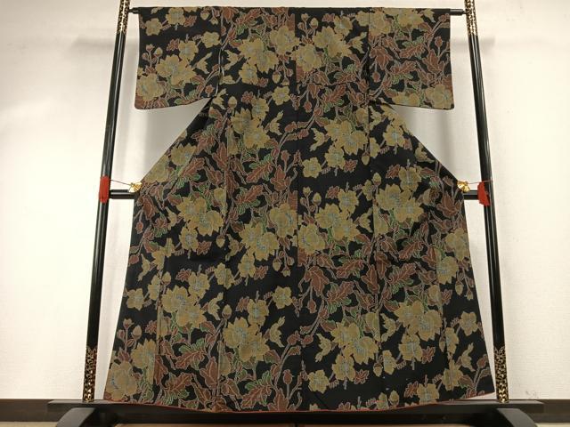 平和屋着物●小千谷紬　枝花文　黒地　正絹　逸品　AABI1221fy