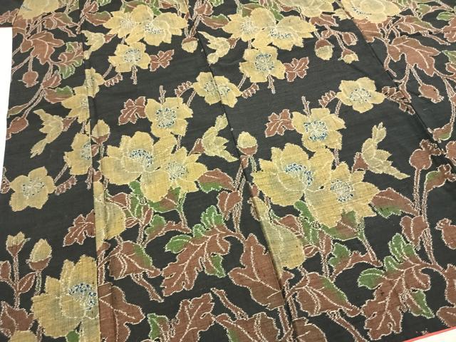 平和屋着物●小千谷紬　枝花文　黒地　正絹　逸品　AABI1221fy