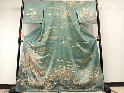 平和屋着物●訪問着　駒刺繍　松竹梅　風景文　暈し染め　金彩　西武百貨店扱い　ロング丈　正絹　逸品　AABI1247fy