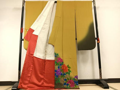 平和屋着物●豪華振袖　枝花文　暈し染め　金彩　ロング丈　正絹　逸品　AABI1248fy