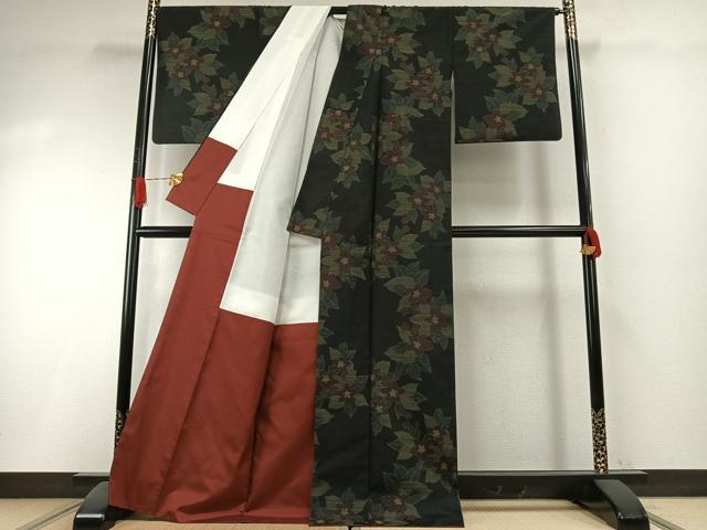 平和屋着物●本場大島紬　草花文　黒地　正絹　逸品　AABI1249fy