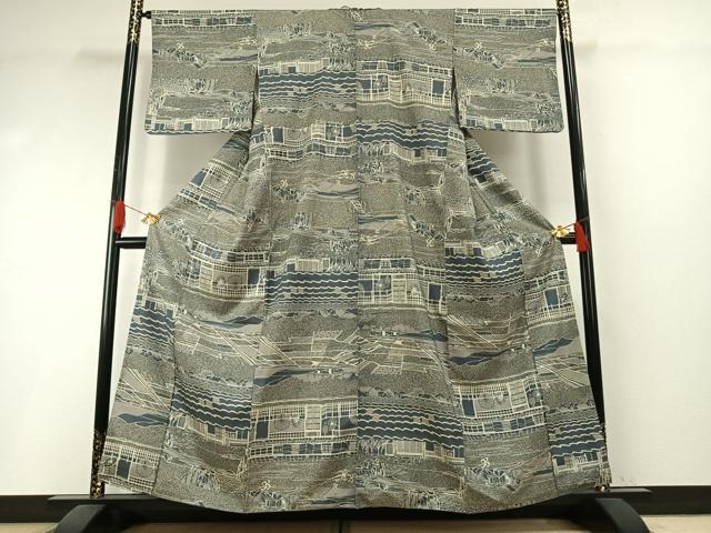 平和屋着物●上質な小紋　紬地　風景文　正絹　逸品　AABI1250fy