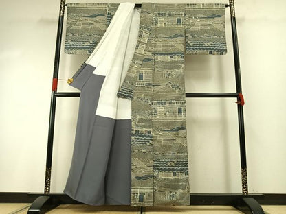 平和屋着物●上質な小紋　紬地　風景文　正絹　逸品　AABI1250fy