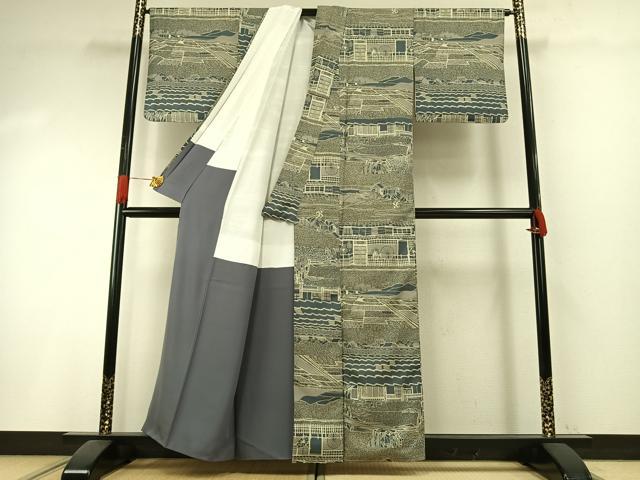 平和屋着物●上質な小紋　紬地　風景文　正絹　逸品　AABI1250fy
