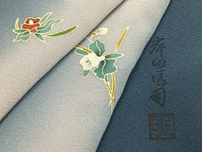 平和屋着物●岸田匡司　小紋　草花文　暈し染め　ロング丈　正絹　逸品　AABI1258fy