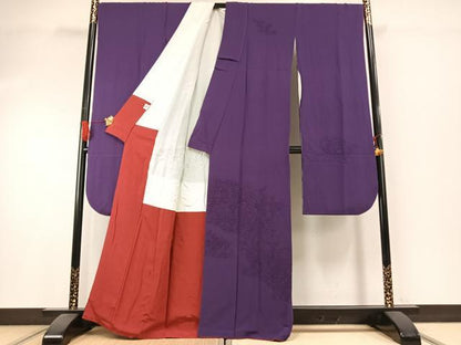 平和屋着物●中国三大刺繍　汕頭刺繍　スワトウ刺繍　総刺繍　振袖　花鳥文　葡萄色　正絹　逸品　AABI1259fy