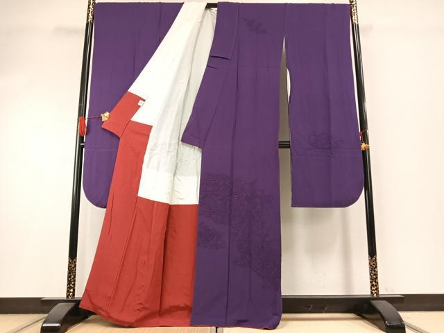 平和屋着物●中国三大刺繍　汕頭刺繍　スワトウ刺繍　総刺繍　振袖　花鳥文　葡萄色　正絹　逸品　AABI1259fy