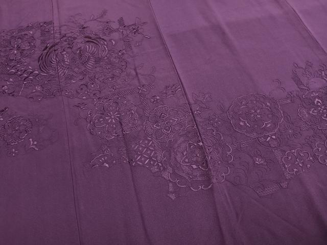 平和屋着物●中国三大刺繍　汕頭刺繍　スワトウ刺繍　総刺繍　振袖　花鳥文　葡萄色　正絹　逸品　AABI1259fy
