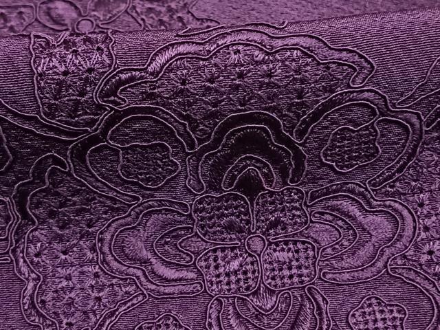 平和屋着物●中国三大刺繍　汕頭刺繍　スワトウ刺繍　総刺繍　振袖　花鳥文　葡萄色　正絹　逸品　AABI1259fy