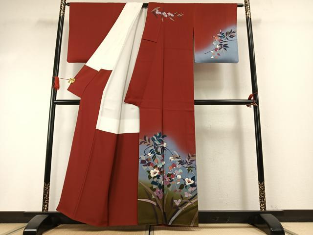 平和屋着物●染色作家　草野一騎　訪問着　手描き　枝花文　暈し染め　金彩　正絹　逸品　AABI1260fy