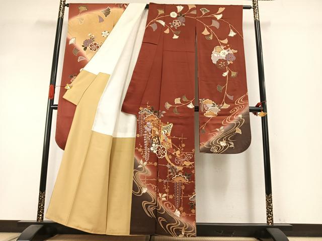 平和屋着物●豪華振袖　駒刺繍　御所車花文　暈し染め　金彩　正絹　逸品　AABI1268fy