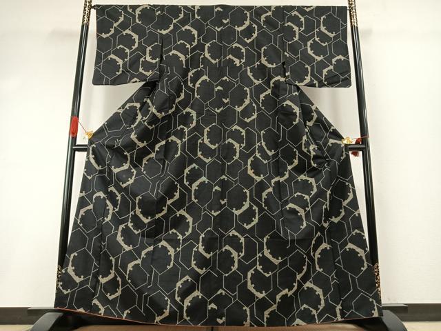 平和屋着物●上質な紬　亀甲文様　黒地　正絹　逸品　AABI1271fy