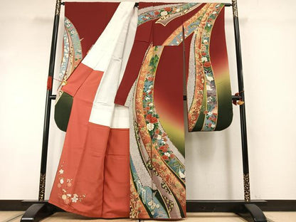 平和屋着物●豪華振袖　熨斗花鳥文　暈し染め　金彩　正絹　逸品　AABI1274fy