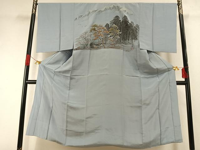 平和屋着物●男性　長襦袢　袷　手描き　富士山　樹林文　正絹　逸品　AABI1277fy