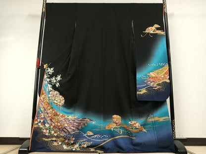 平和屋着物●ブライダルファッションデザイナー・桂由美　振袖　鼓花文　暈し染め　黒地　金彩　ロング丈　正絹　逸品　AABI1283fy