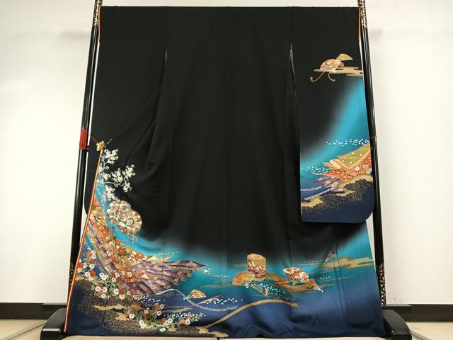 平和屋着物●ブライダルファッションデザイナー・桂由美　振袖　鼓花文　暈し染め　黒地　金彩　ロング丈　正絹　逸品　AABI1283fy