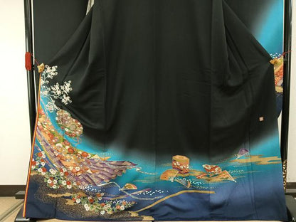 平和屋着物●ブライダルファッションデザイナー・桂由美　振袖　鼓花文　暈し染め　黒地　金彩　ロング丈　正絹　逸品　AABI1283fy