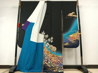 平和屋着物●ブライダルファッションデザイナー・桂由美　振袖　鼓花文　暈し染め　黒地　金彩　ロング丈　正絹　逸品　AABI1283fy