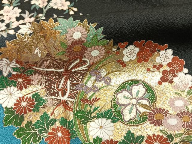 平和屋着物●ブライダルファッションデザイナー・桂由美　振袖　鼓花文　暈し染め　黒地　金彩　ロング丈　正絹　逸品　AABI1283fy
