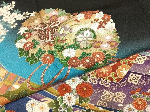 平和屋着物●ブライダルファッションデザイナー・桂由美　振袖　鼓花文　暈し染め　黒地　金彩　ロング丈　正絹　逸品　AABI1283fy