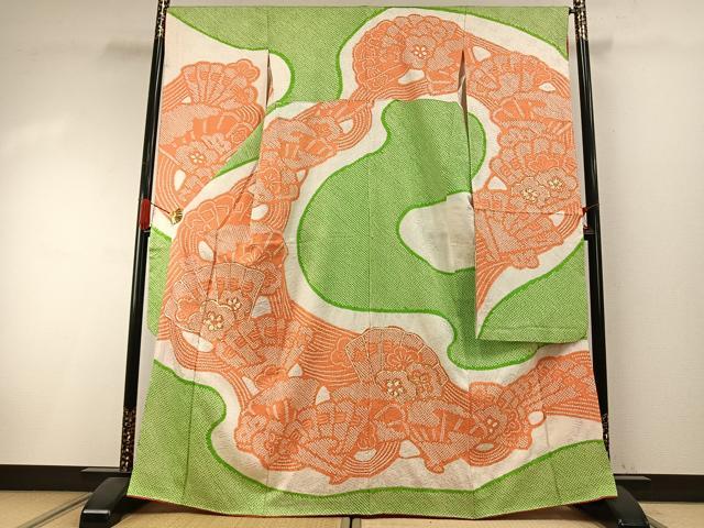 平和屋着物●豪華振袖　総絞り　駒刺繍　扇面花文　正絹　逸品　AABI1295fy