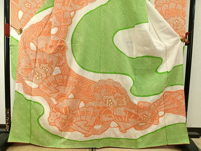 平和屋着物●豪華振袖　総絞り　駒刺繍　扇面花文　正絹　逸品　AABI1295fy