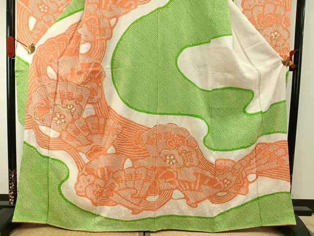 平和屋着物●豪華振袖　総絞り　駒刺繍　扇面花文　正絹　逸品　AABI1295fy