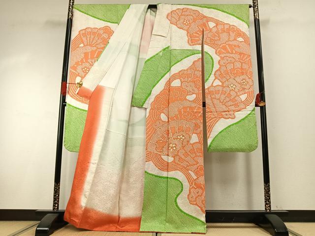 平和屋着物●豪華振袖　総絞り　駒刺繍　扇面花文　正絹　逸品　AABI1295fy