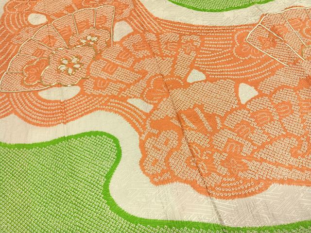 平和屋着物●豪華振袖　総絞り　駒刺繍　扇面花文　正絹　逸品　AABI1295fy