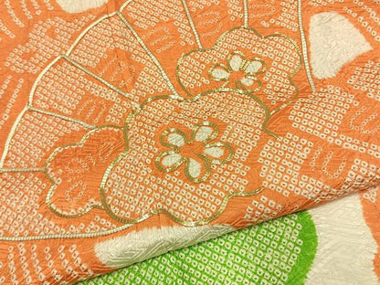 平和屋着物●豪華振袖　総絞り　駒刺繍　扇面花文　正絹　逸品　AABI1295fy