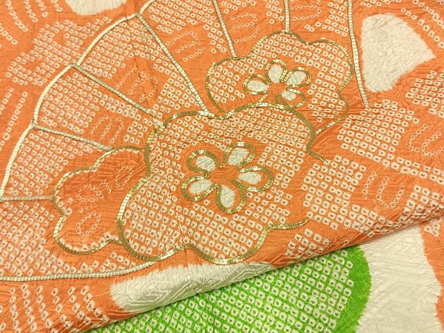 平和屋着物●豪華振袖　総絞り　駒刺繍　扇面花文　正絹　逸品　AABI1295fy