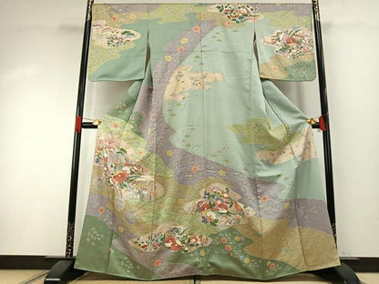 平和屋着物●訪問着　絞り　花鳥文　金彩　正絹　逸品　AABI1296fy