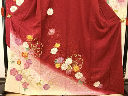 平和屋着物●豪華振袖・長襦袢(無双仕立て)セット　草花文　暈し染め　金彩　ロング丈　半衿刺繍　正絹　逸品　AABI1299fy
