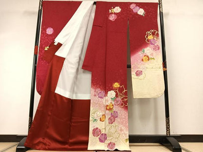 平和屋着物●豪華振袖・長襦袢(無双仕立て)セット　草花文　暈し染め　金彩　ロング丈　半衿刺繍　正絹　逸品　AABI1299fy