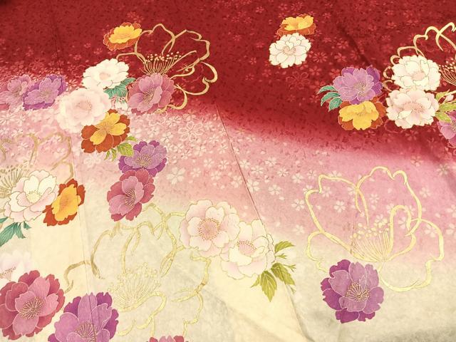 平和屋着物●豪華振袖・長襦袢(無双仕立て)セット　草花文　暈し染め　金彩　ロング丈　半衿刺繍　正絹　逸品　AABI1299fy