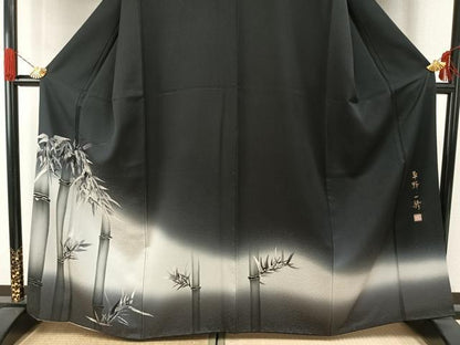 平和屋着物●染色作家　草野一騎　訪問着　手描き　笹竹文　暈し染め　黒地　正絹　逸品　AABI1300fy