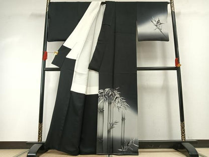 平和屋着物●染色作家　草野一騎　訪問着　手描き　笹竹文　暈し染め　黒地　正絹　逸品　AABI1300fy