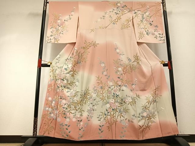 平和屋着物●十日町友禅作家　松雨　訪問着　枝花文　暈し染め　金銀彩　正絹　逸品　AABI1305fy