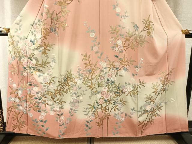 平和屋着物●十日町友禅作家　松雨　訪問着　枝花文　暈し染め　金銀彩　正絹　逸品　AABI1305fy