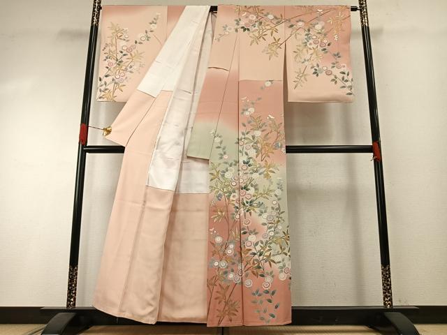 平和屋着物●十日町友禅作家　松雨　訪問着　枝花文　暈し染め　金銀彩　正絹　逸品　AABI1305fy