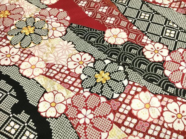 平和屋着物●豪華振袖　駒刺繍　絞り　舞花文　金彩　京都きもの友禅扱い　ロング丈　正絹　逸品　AABI1314fy